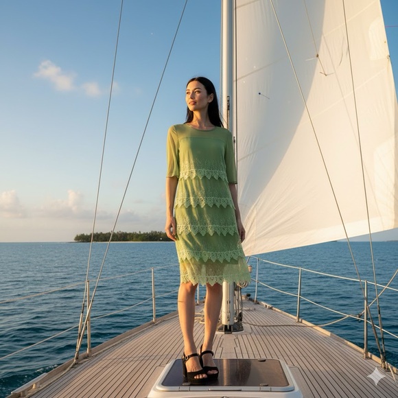 Badgley Mischka Green Sheer Lace Tiered Sequins Cocktail Dress LARGE NWT $145 - Picture 9 of 16